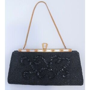 Vintage Bonnie's Hong Kong Black Beaded Evening Bag Purse